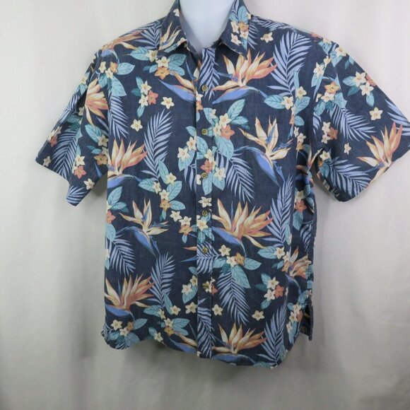 Cooke Street Hawaiian Aloha Shirt Mens L Blue Floral 100% Cotton Reverse Print - Picture 3 of 11